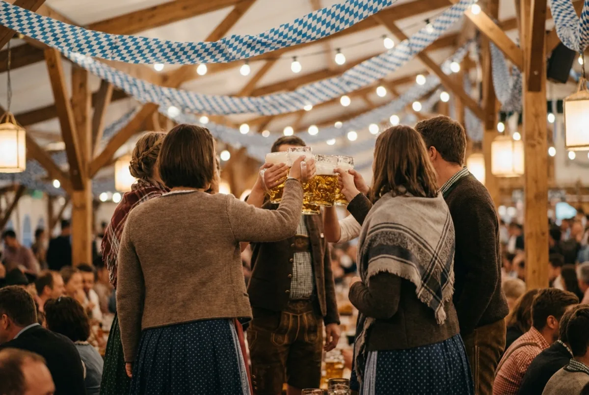 Gäste in Tracht stoßen im Festzelt mit Maßkrügen an, blau-weiße Dekoration