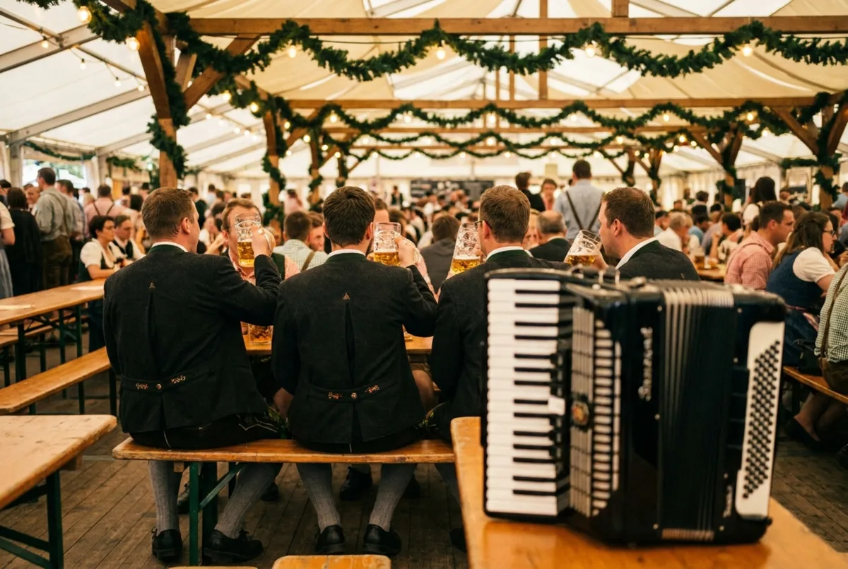 Frühschoppen im Festzelt mit langen Holztischen und Bierkrügen, Akkordeon im Vordergrund
