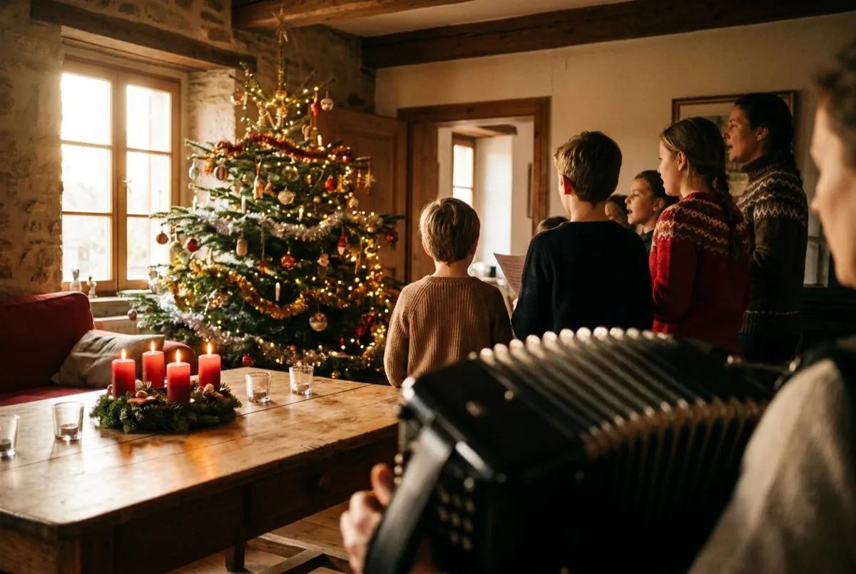 Familie singt vor dem Weihnachtsbaum, im Vordergrund ein Akkordeon